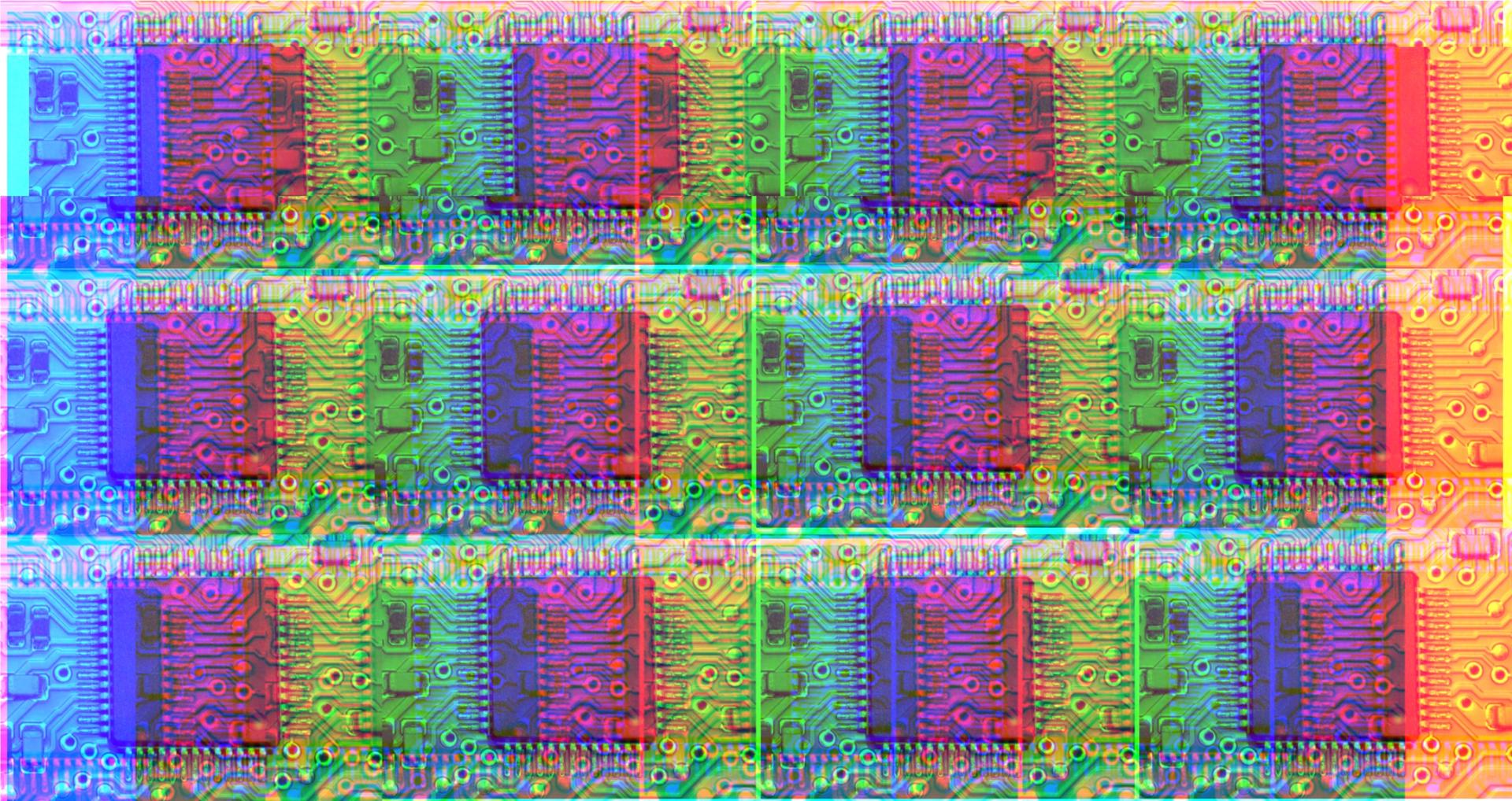 A repeating pattern of a photograph of a silicon chip, recoloured so that it is multi-coloured, in the style of pop art.